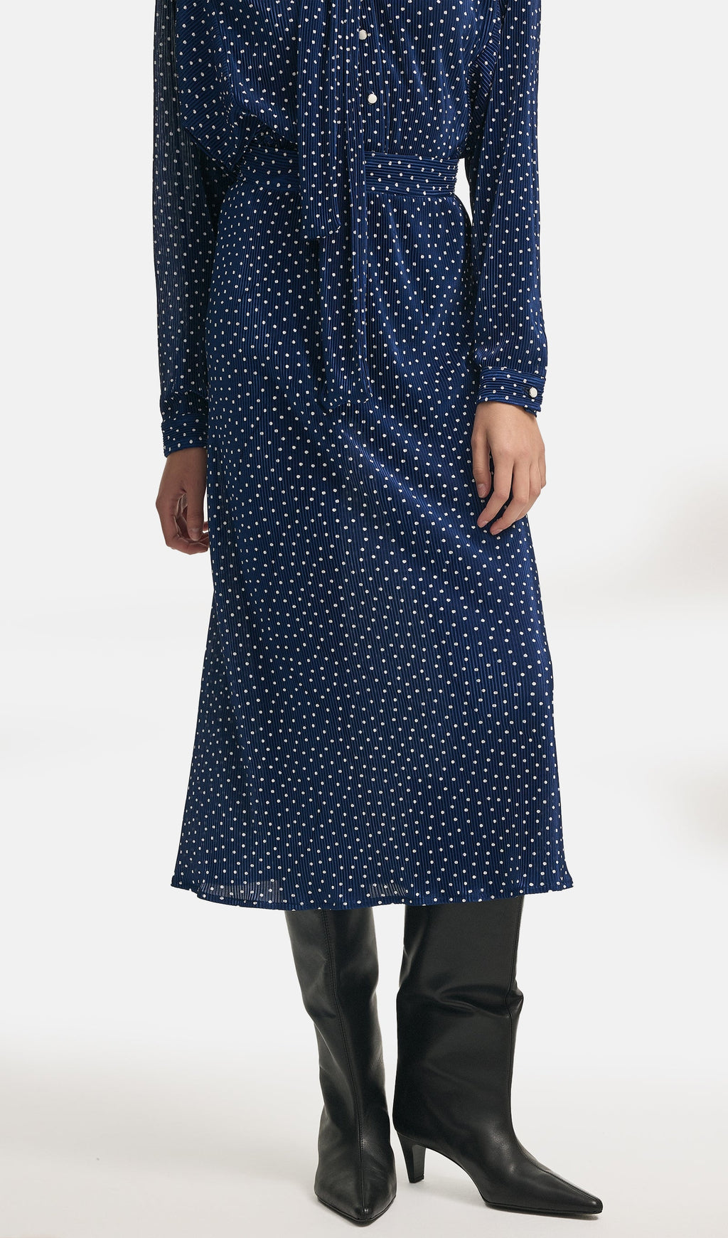 Tie Neck Polka Dot Top & Straight Skirt Set