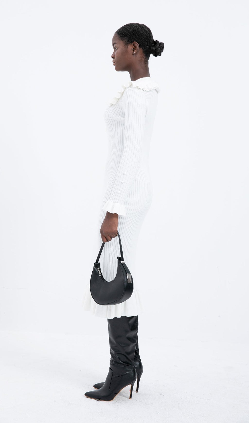 Trendy Knitted Ruffle Midi Dress-White
