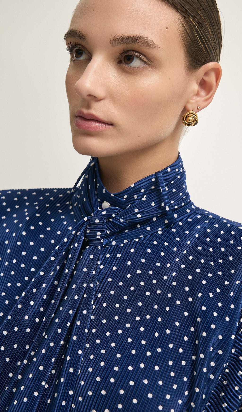 Tie Neck Polka Dot Top & Straight Skirt Set