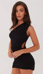 Ladder Hollow Knit Mini Dress-Black