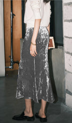 Trendy High Waist Velvet Midi Skirt-Silver