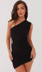 Ladder Hollow Knit Mini Dress-Black
