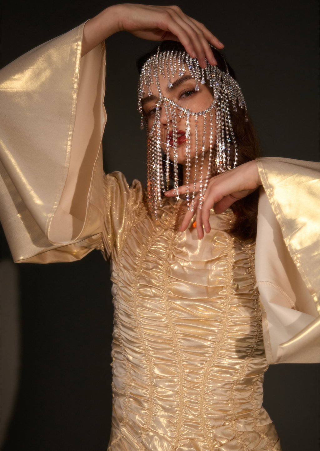 Solid Metallic Elasticated Gathers Maxi Dress