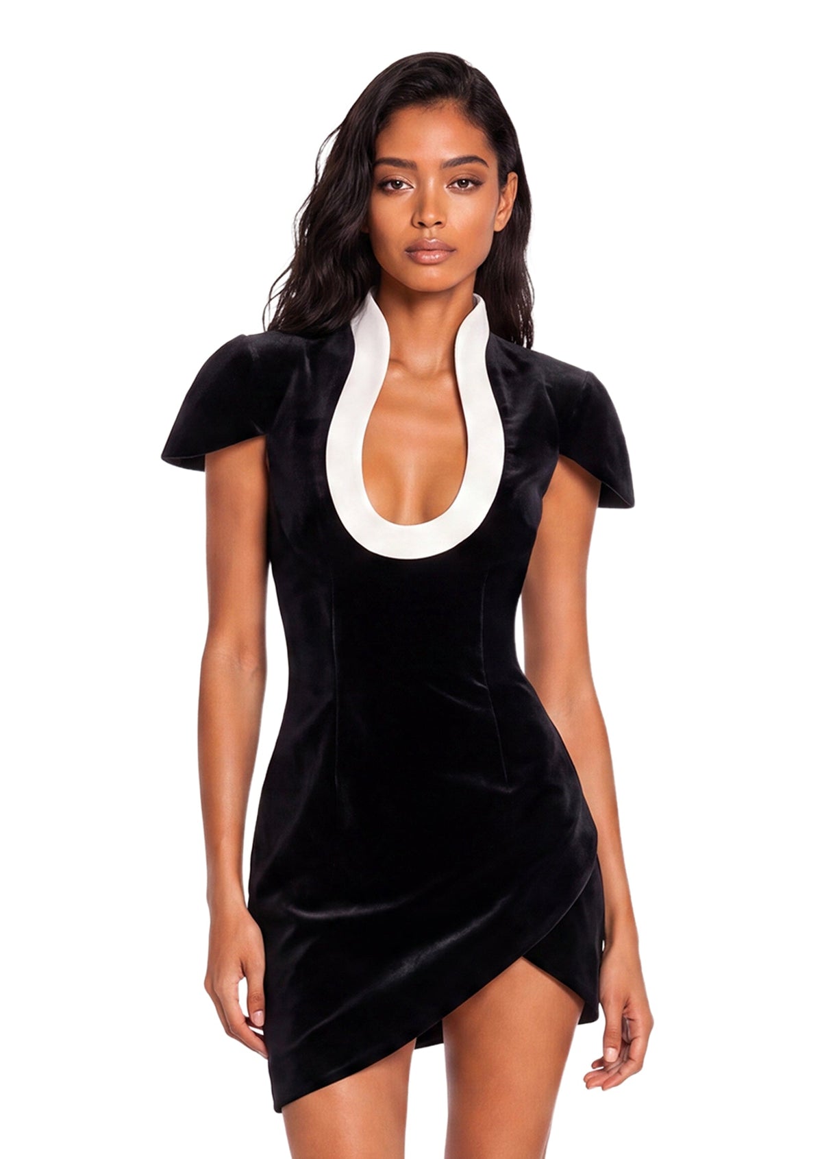 Solid Velvet U Neck Mini Dress In Black