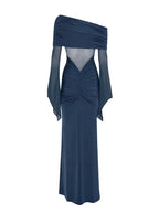 One Shoulder Slinky Ruched Maxi Dress-Blue