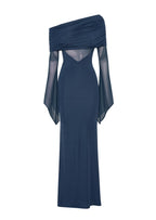 One Shoulder Slinky Ruched Maxi Dress-Blue