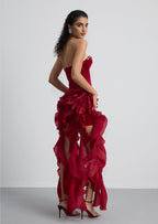 Strapless Ruffled Velvet Maxi Dress In Red