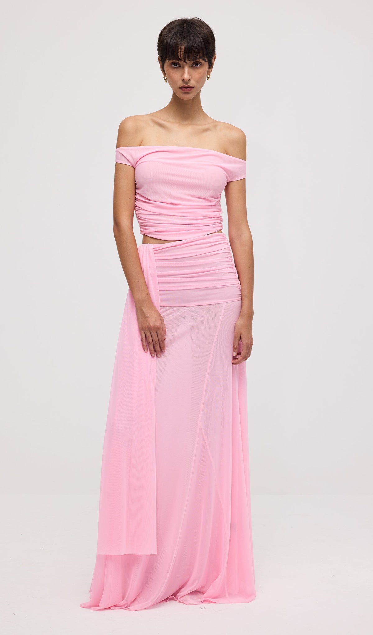 Mesh Top & Maxi Skirt In Pink
