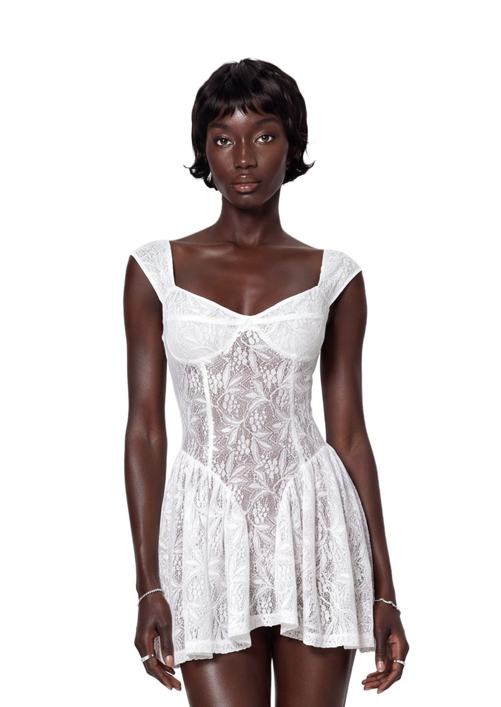 Ichirou Square Neck Short Lace Dress In White