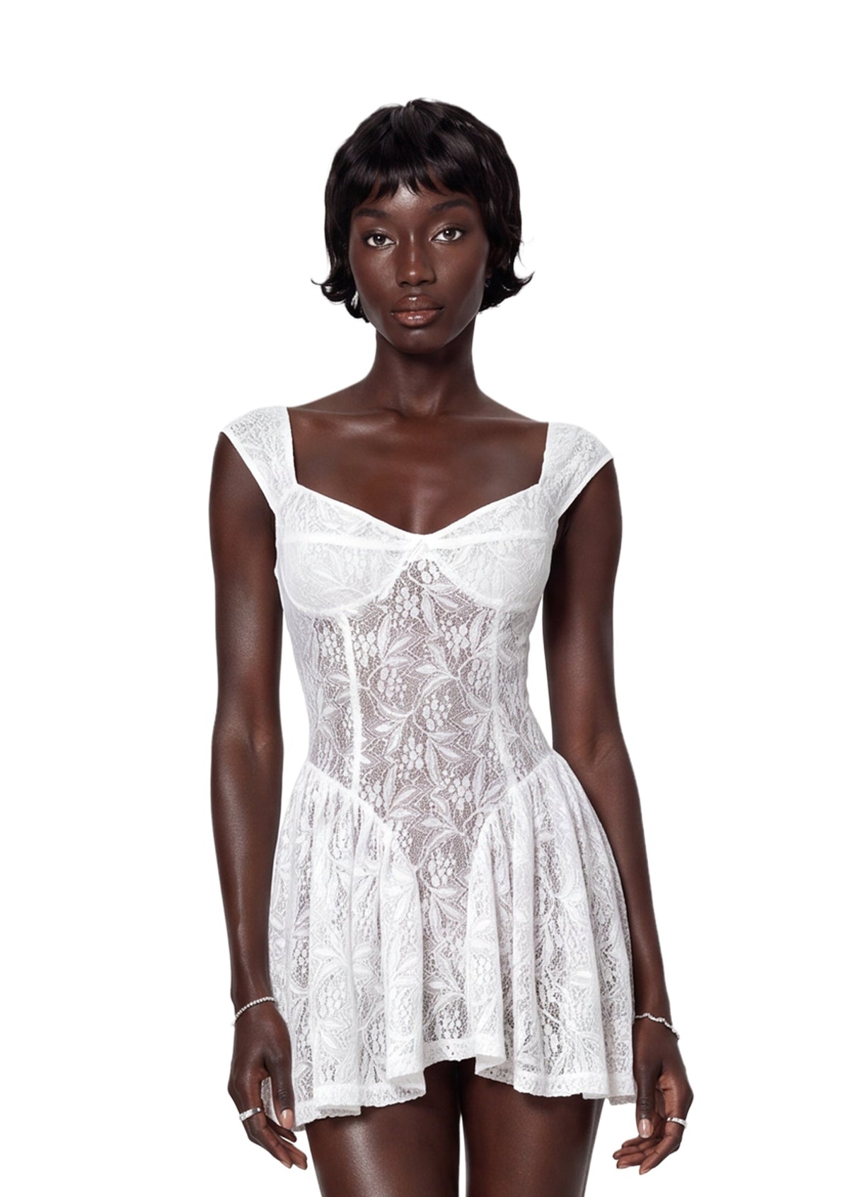Ichirou Square Neck Short Lace Dress In White
