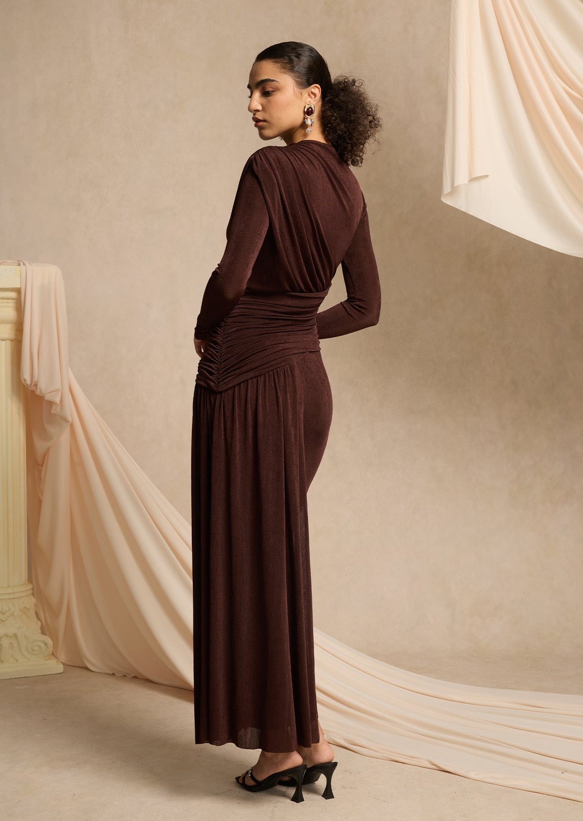 Asymmetrical Maxi Dress With Draped Hip In Brown