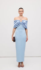 Off Shoulder Draped Satin Maxi Dress