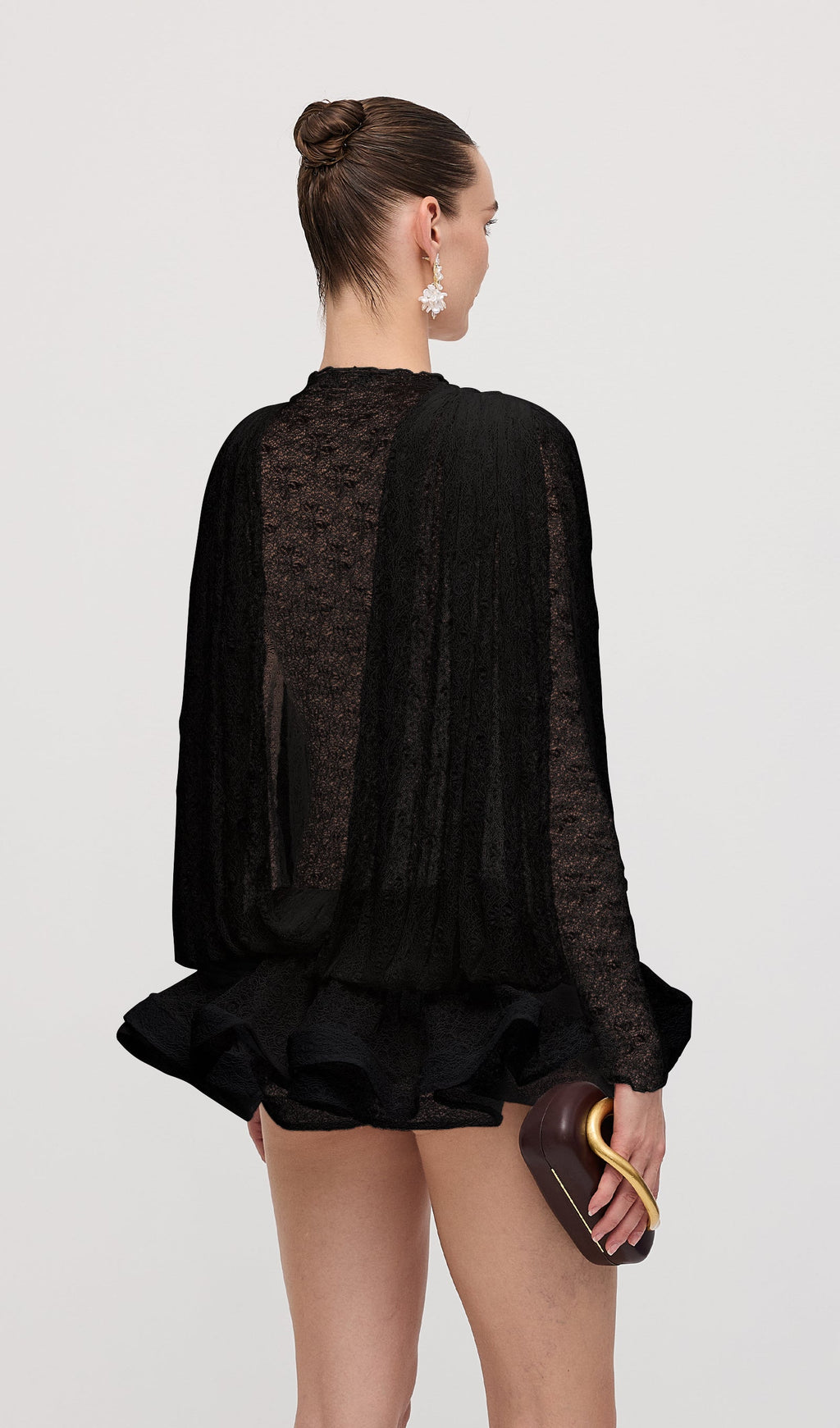 Lace Semi Sheer Ruffled Mini Dress In Black