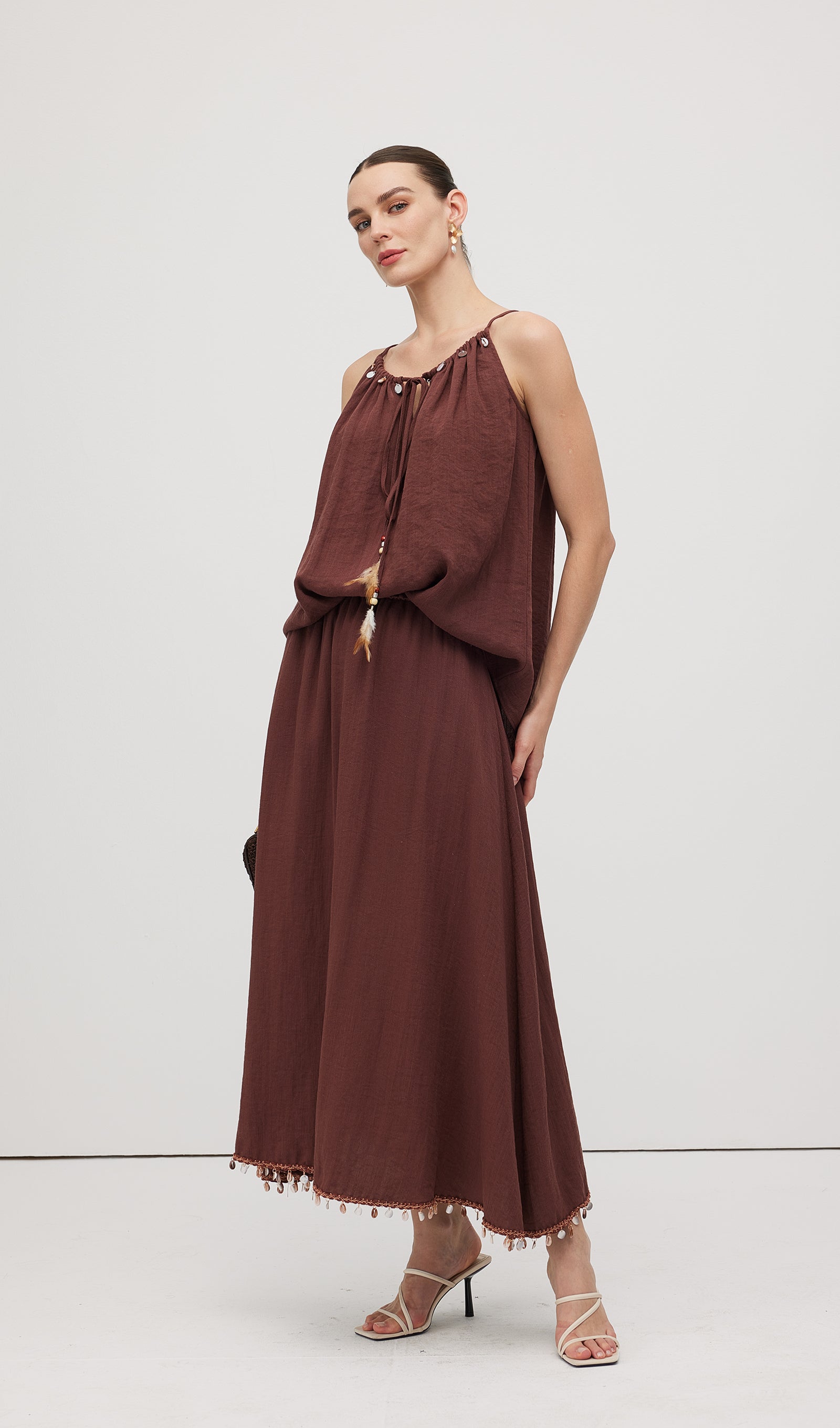 Cotton And Linen Lace Up Midi Skirt Sets