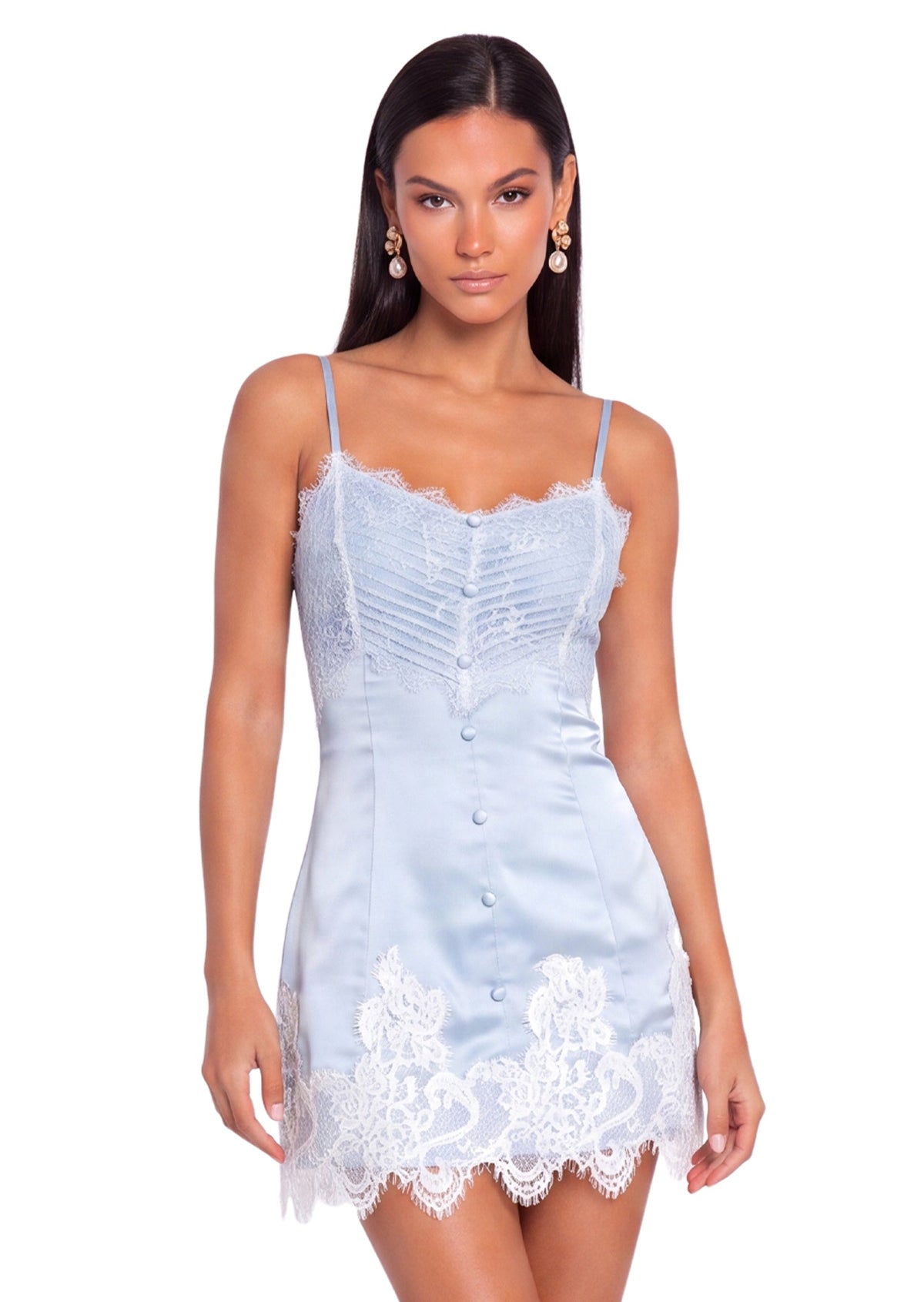 Babe  Satin Lace Mini Dress In Blue