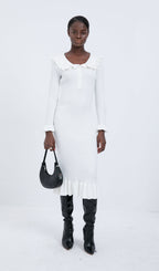 Trendy Knitted Ruffle Midi Dress-White