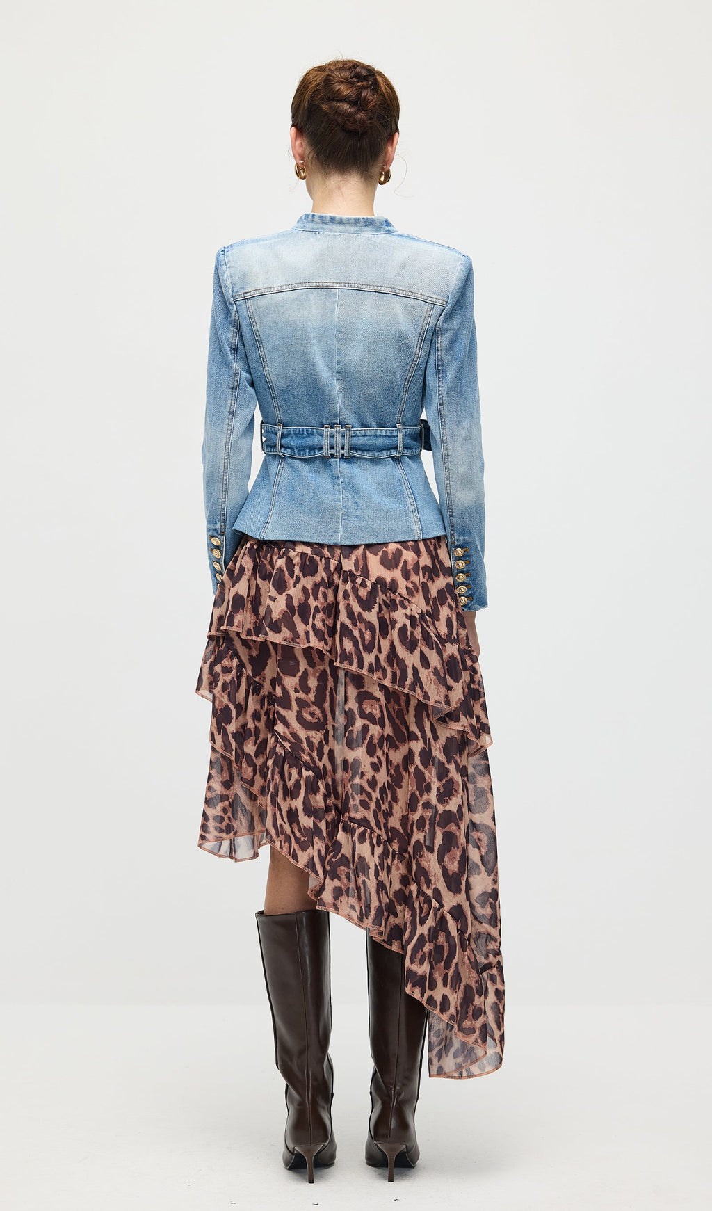 Solid V Neck Blue Denim Jacket With Belt