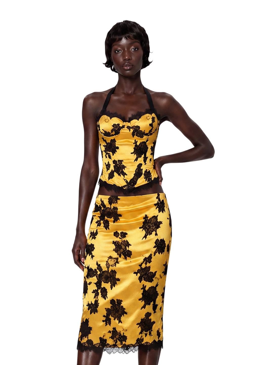 Ufuk Satin Lace Top & Midi Skirt Set In Yellow