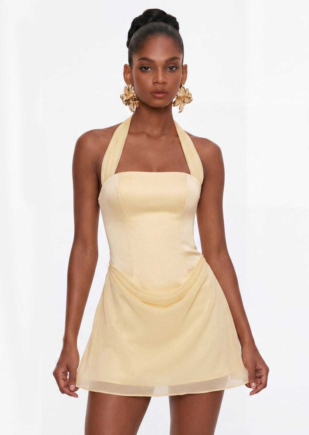 Helen Satin Draped Mini Dress In Yellow