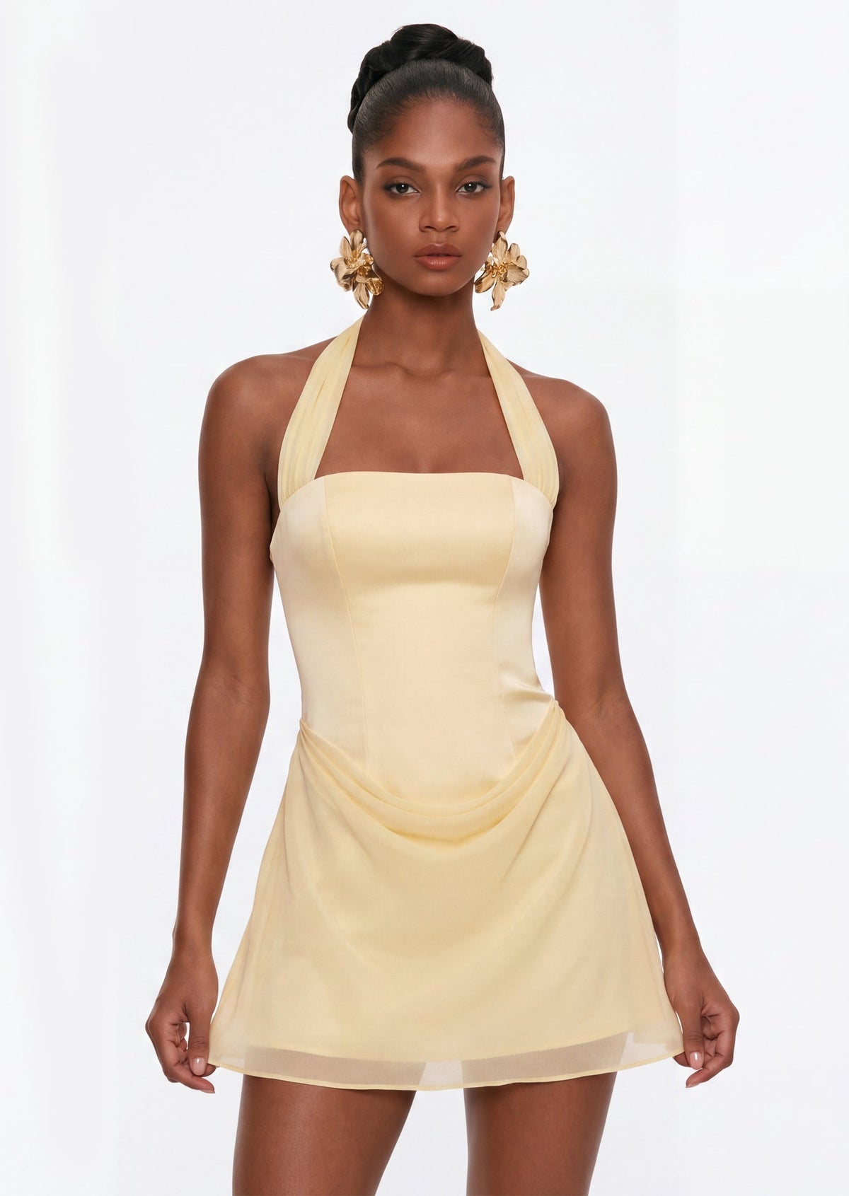 Helen Satin Draped Mini Dress In Yellow