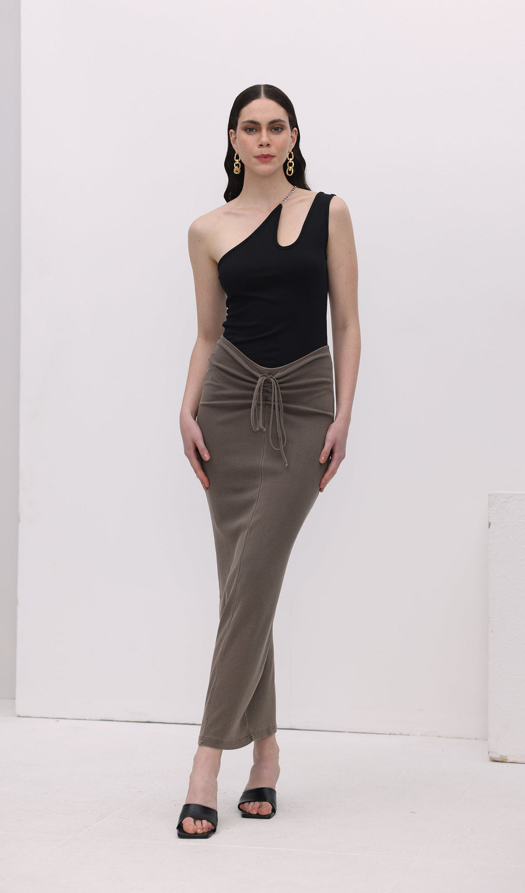 Tie Drape Pleated Midi Skirt