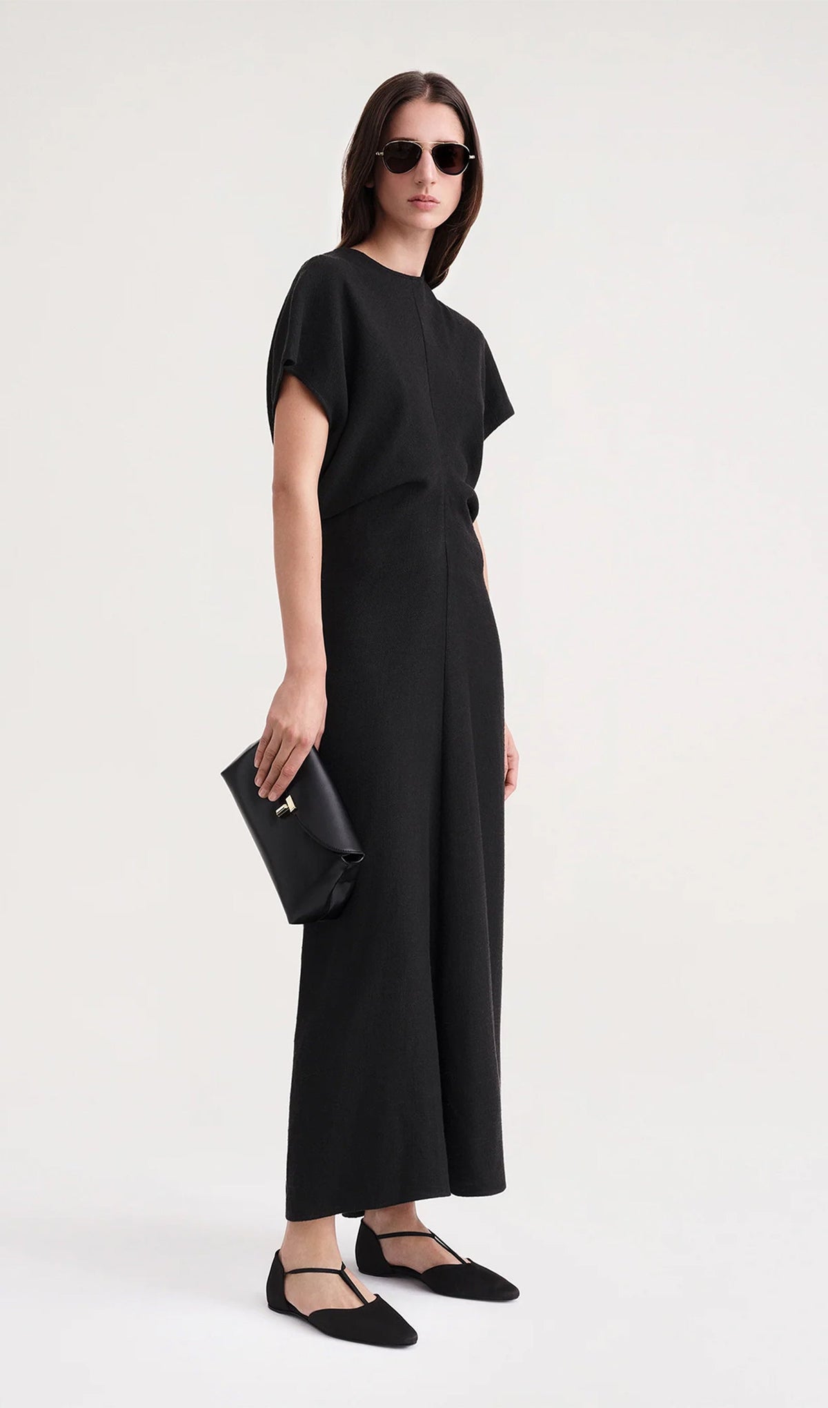 Slouch Waist Satin Midi Dress-Black