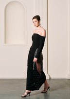 Jean Off Shoulder Velvet Maxi Dress In Black
