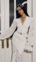 Lace Trimmed Puff Sleeved Top & Fishtail Skirt Set