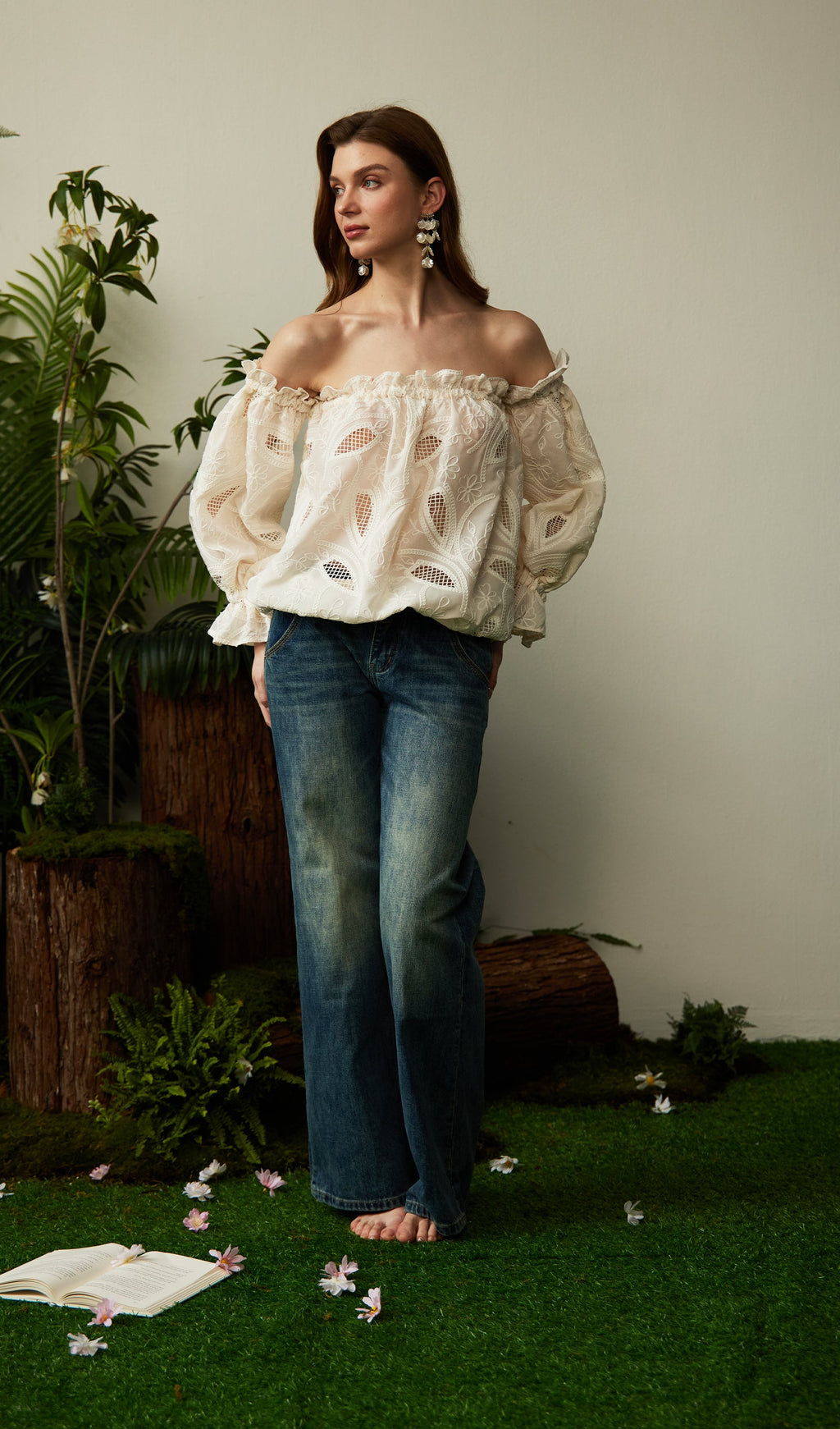 Off Shoulder Ruffled Hollow Out Top