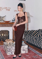 Adaiba Lace Bustier Draped Maxi Dress In Brown