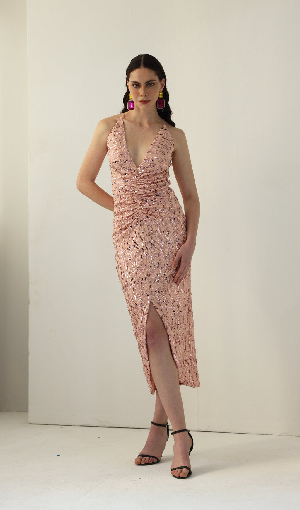 Diamante Ruched Midi Dress Pink