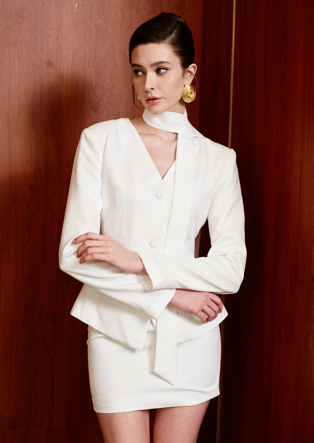 Chiara V Neck Blazer & Mini Skirt Set In White