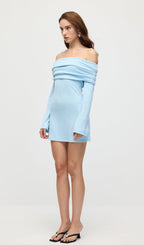 Off Shoulder Rib Knit Mini Dress In Baby Blue
