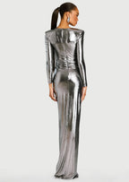 Metallic Slit Maxi Dress In Sliver