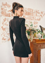 Long Sleeve Black Mini Dress With Gold Trims