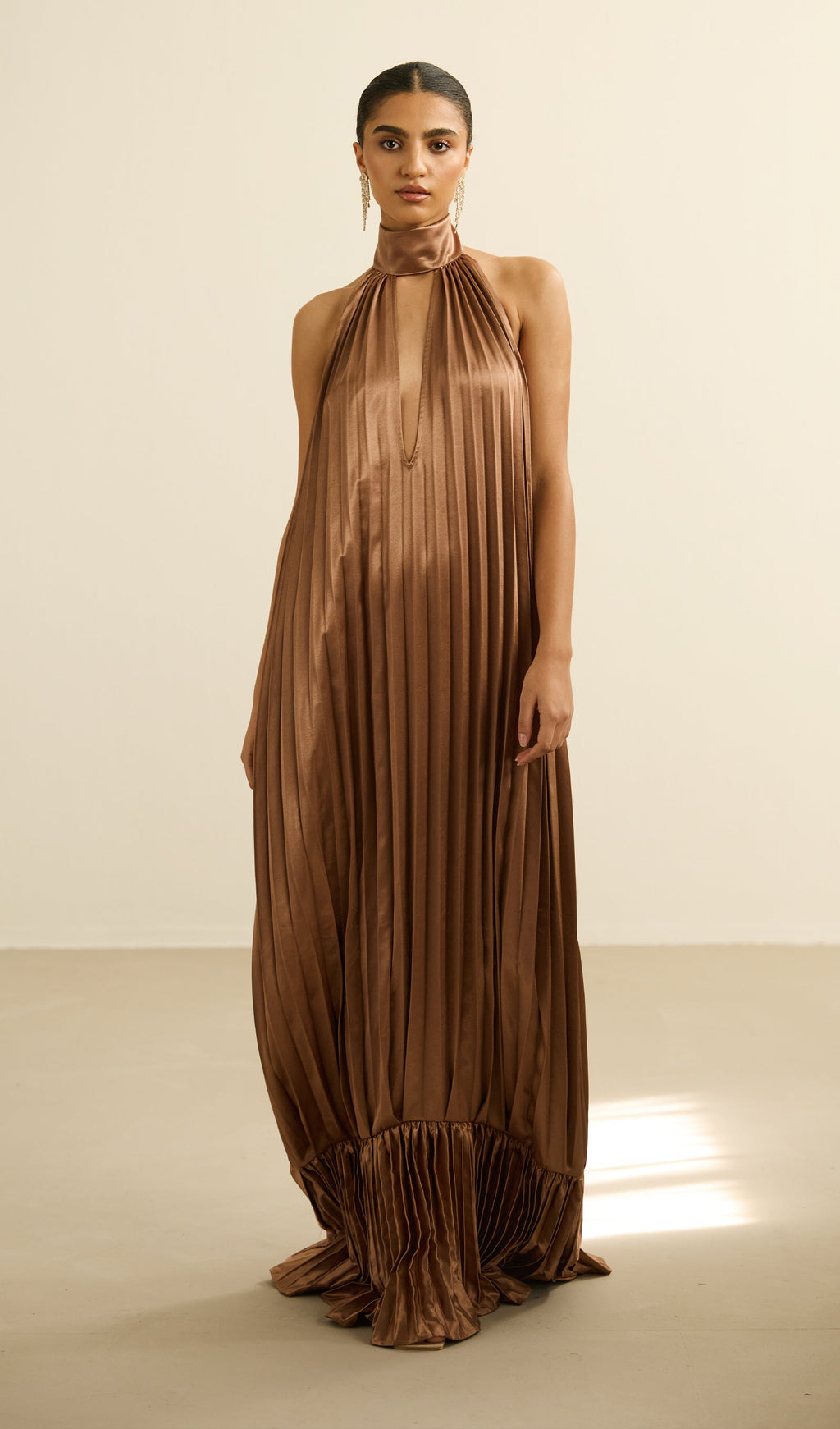 V Neckline Pleats Ruffled Maxi Dress