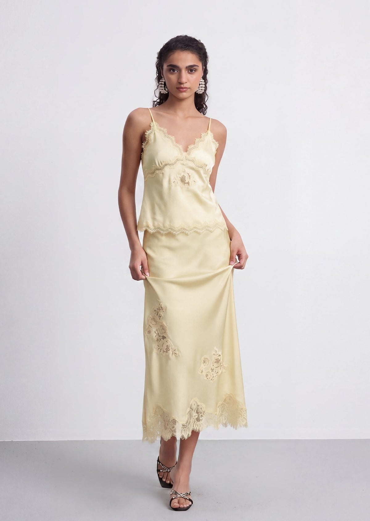 Vivia Satin Lace Midi Skirt Set In Pale Yellow
