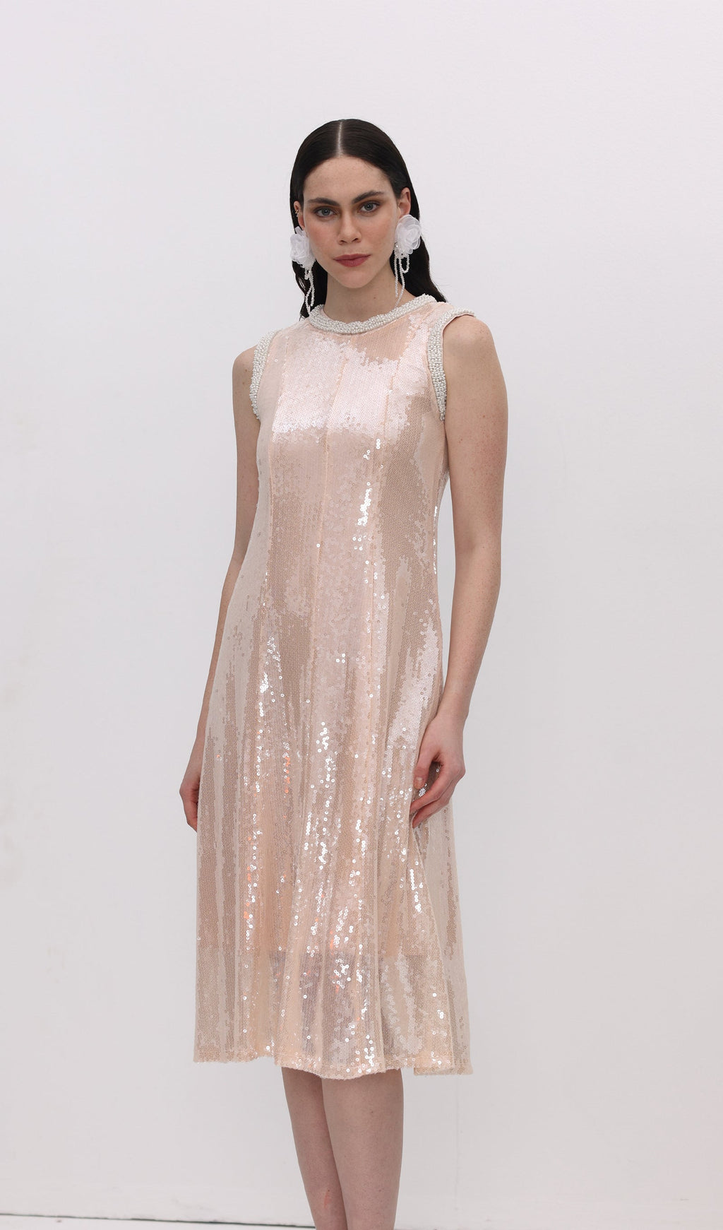 Sequin Embellished Pearl Trim Midi Dress