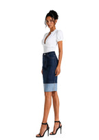 Caelus Denim Back Slit Midi Skirt In Blue