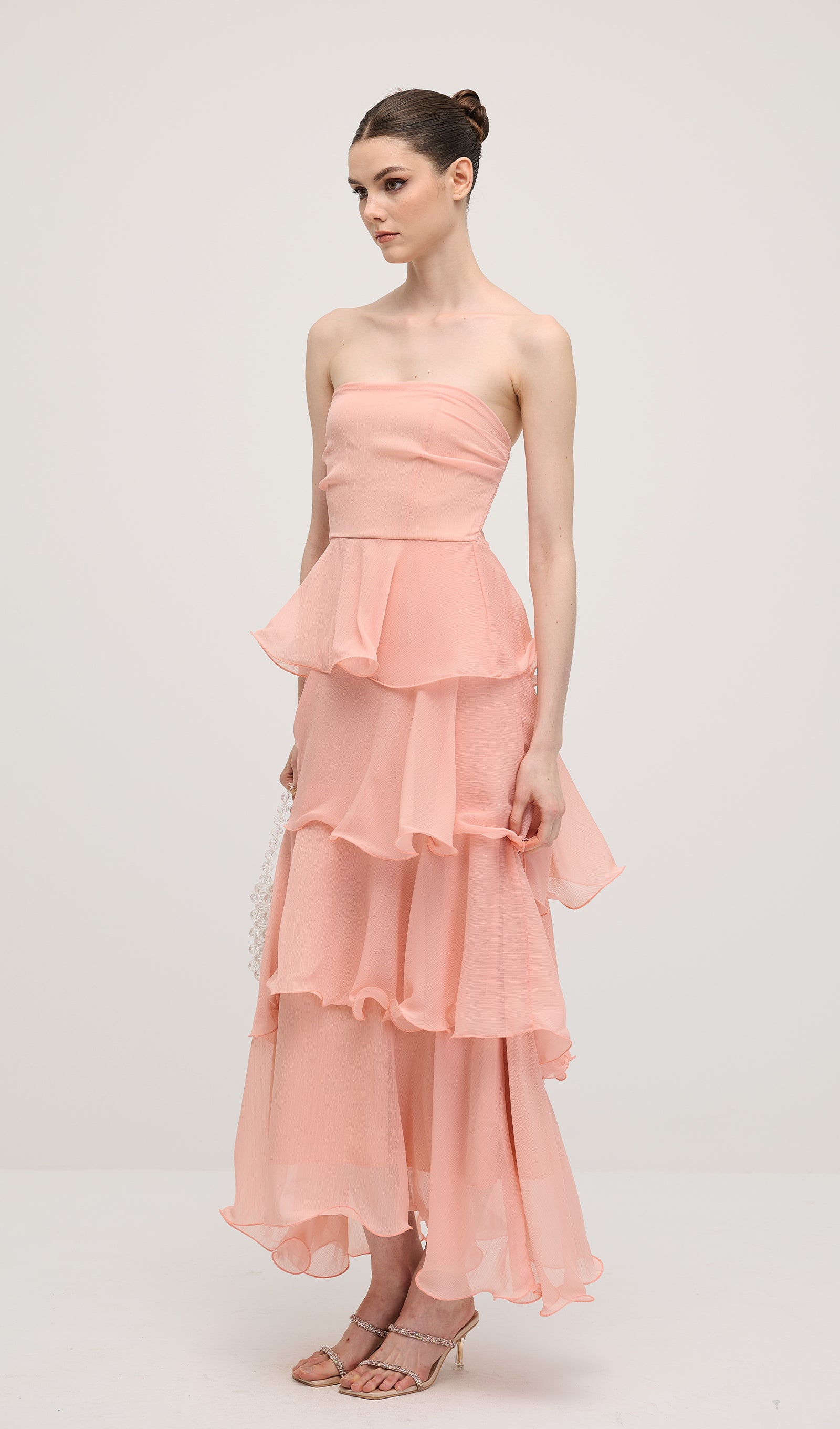 Strapless Layered Midi Dress In Pink