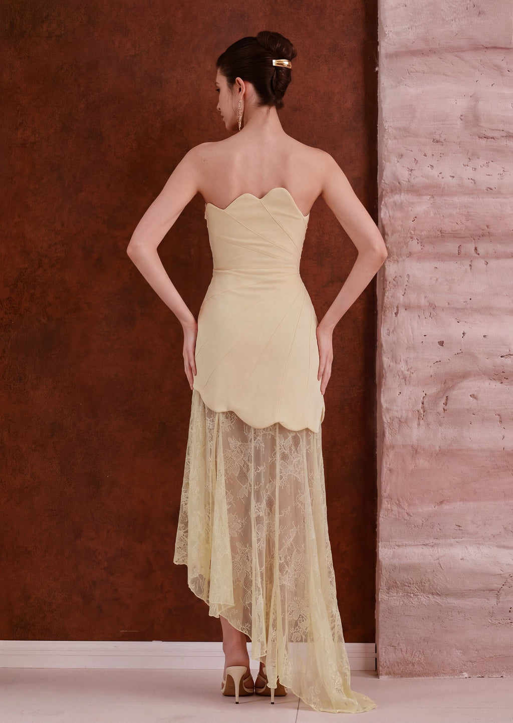 Elowise Satin And Lace Maxi Dress In Lemon