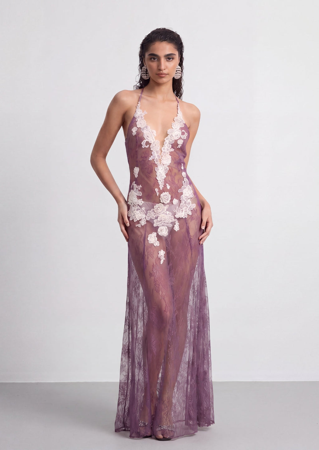 Antheia Sheer Lace Maxi Dress In Light Puple