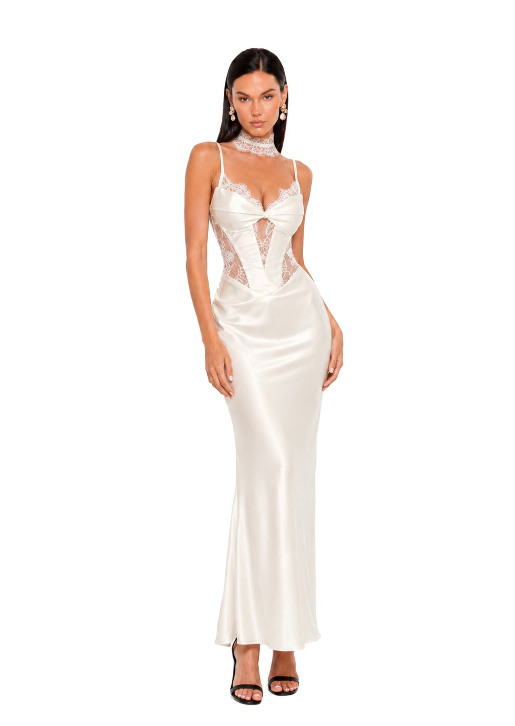 Wahib Sleeveless Satin Midi Dress With Lace