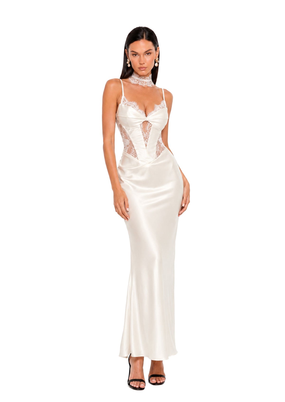 Wahib Sleeveless Satin Midi Dress With Lace