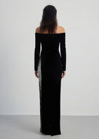 Jean Off Shoulder Velvet Maxi Dress In Black