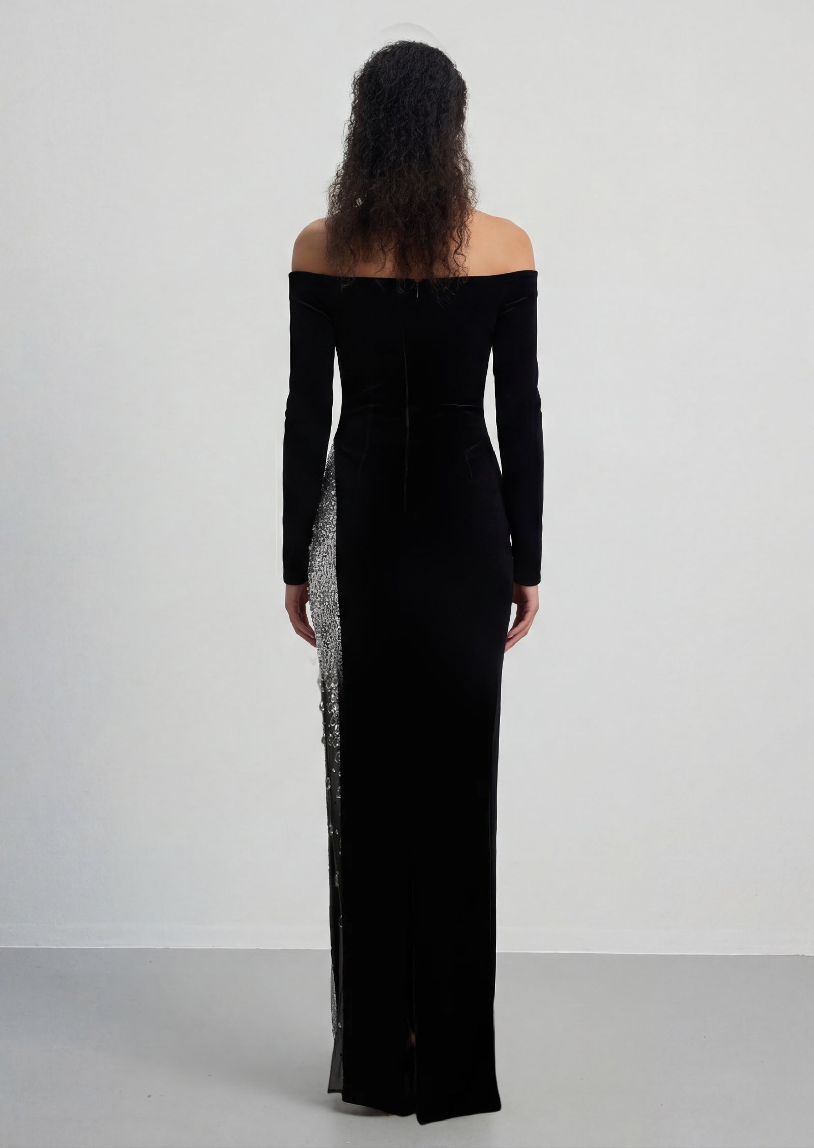 Jean Off Shoulder Velvet Maxi Dress In Black