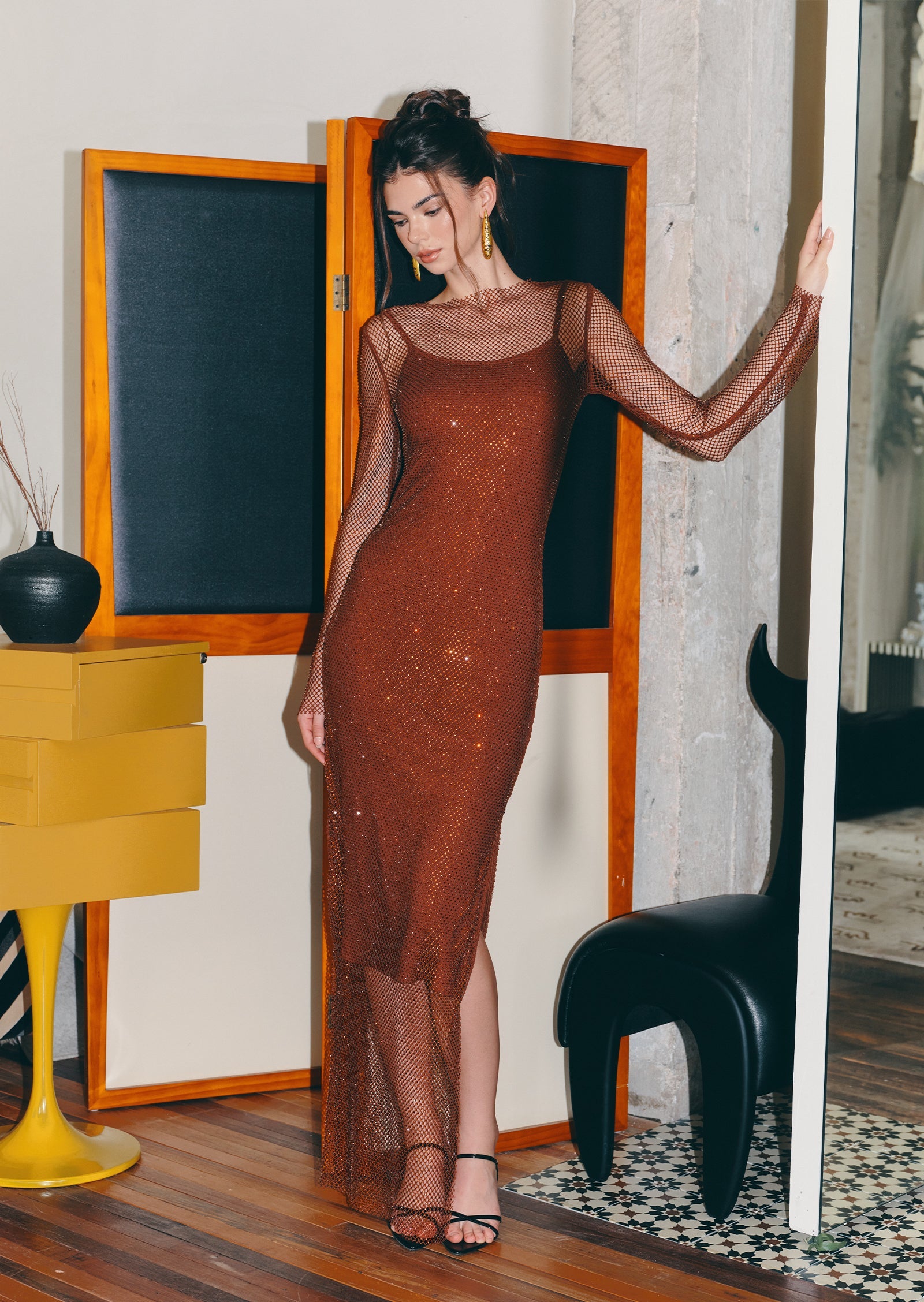 Mesh With Monochrome Lining  Maxi Dress In Coffee
