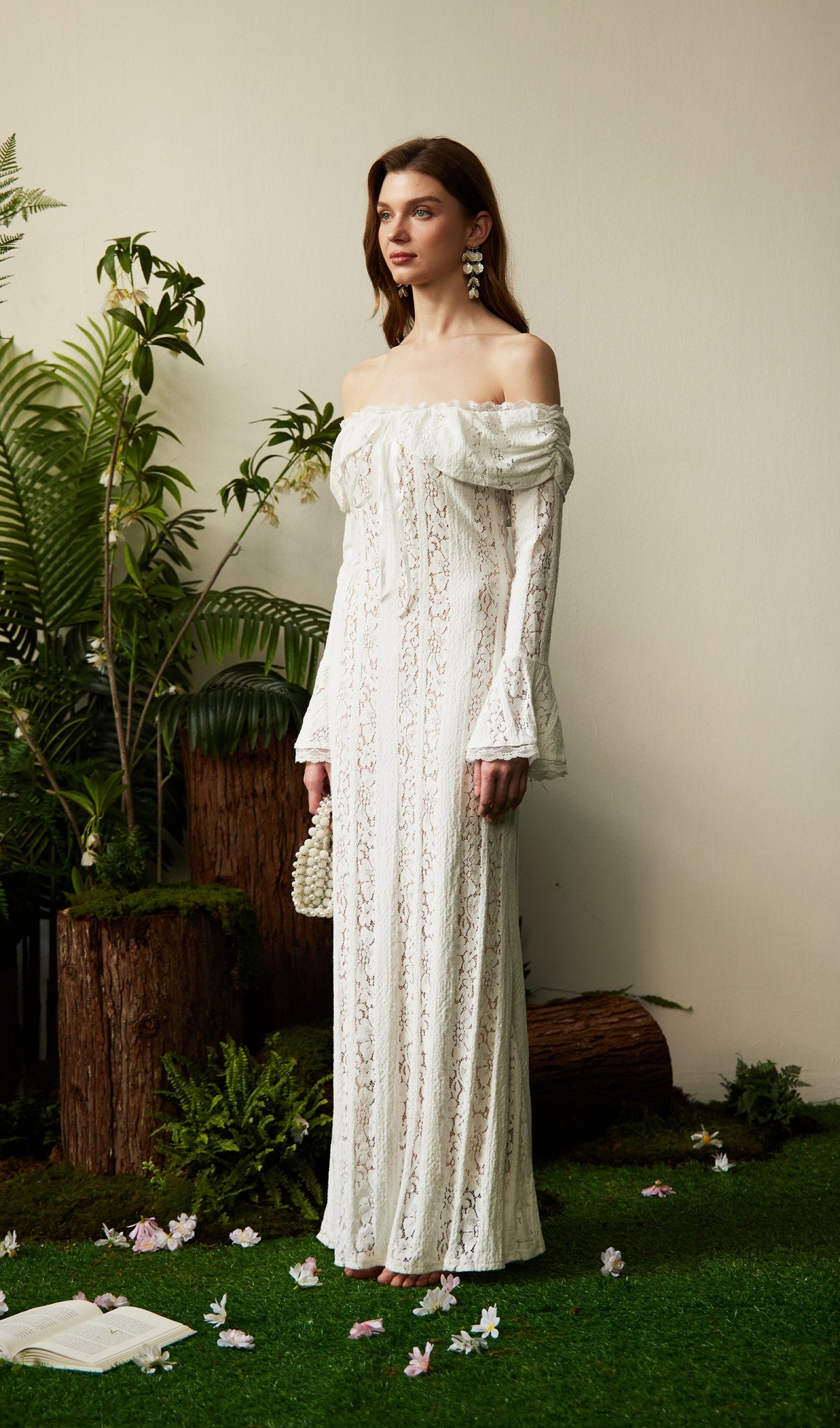 Vintage Floral Lace Off Shoulder Maxi Dress