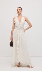 Halter Ruffles Rose Decoration Maxi Dress White