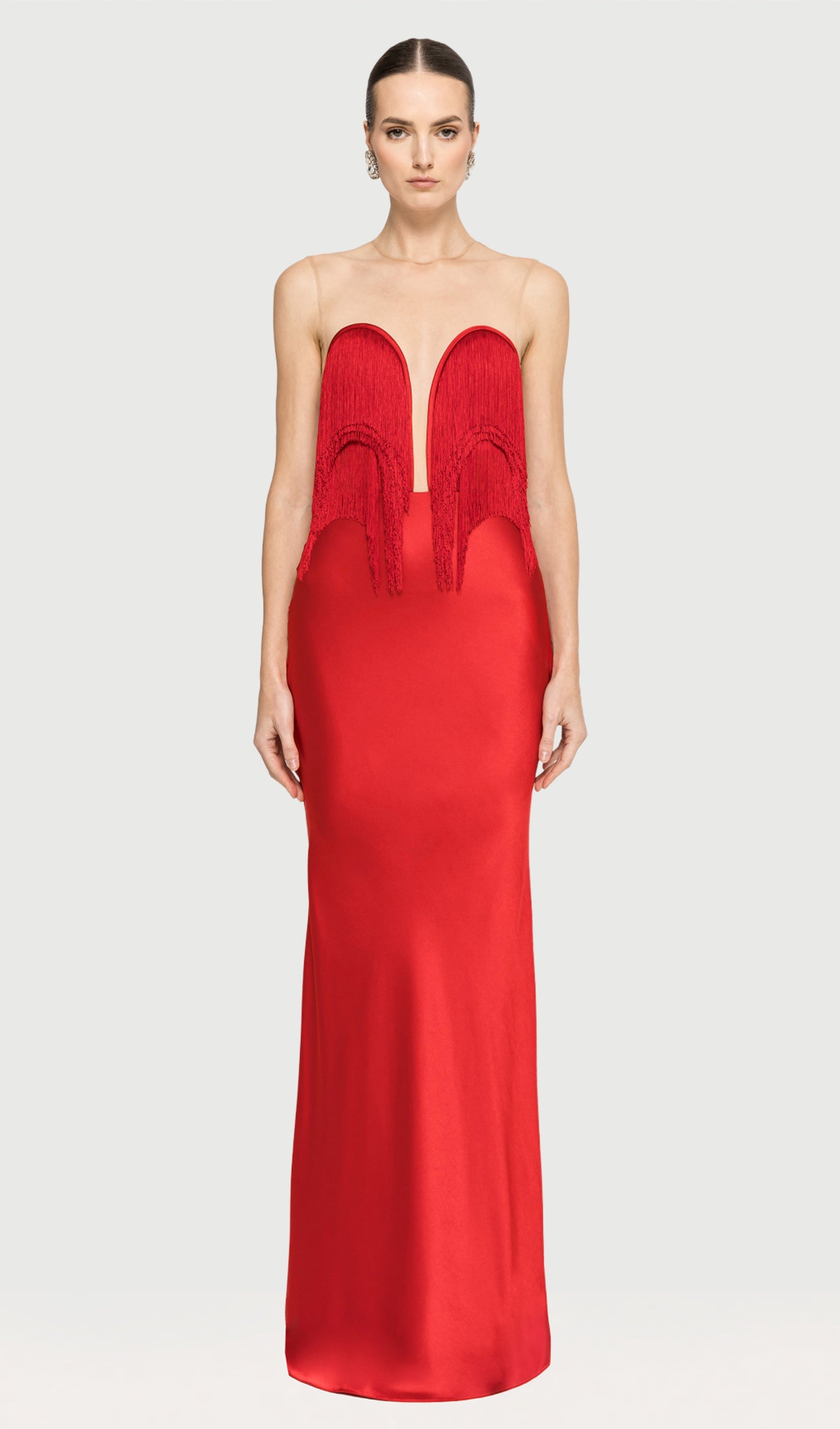 Fringe Detail Satin Maxi Dress With Fur Collar